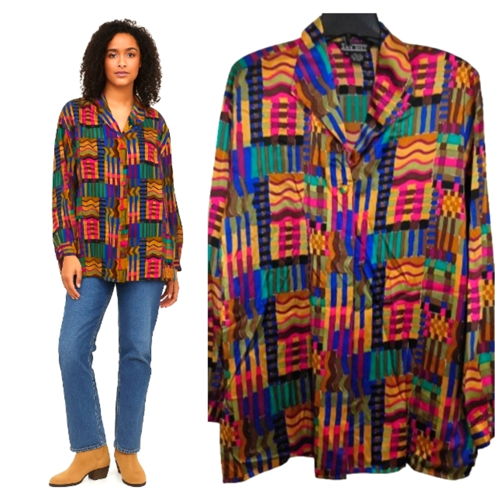 Geometric Silk Funky Patterned VTG Y2K Tunic Hip Hop Shirt Art To Wear Large